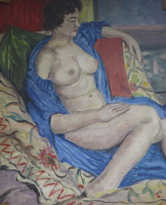 Modern British, oil on canvas, nude study, painted to the reverse of the canvas, the other side being blank, 76 x 63cm, unframed